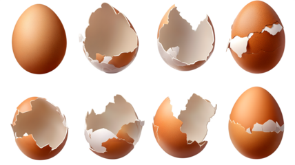 Stages of egg cracking illustrating the process of eggshells crushing against a isolated on white transparent background