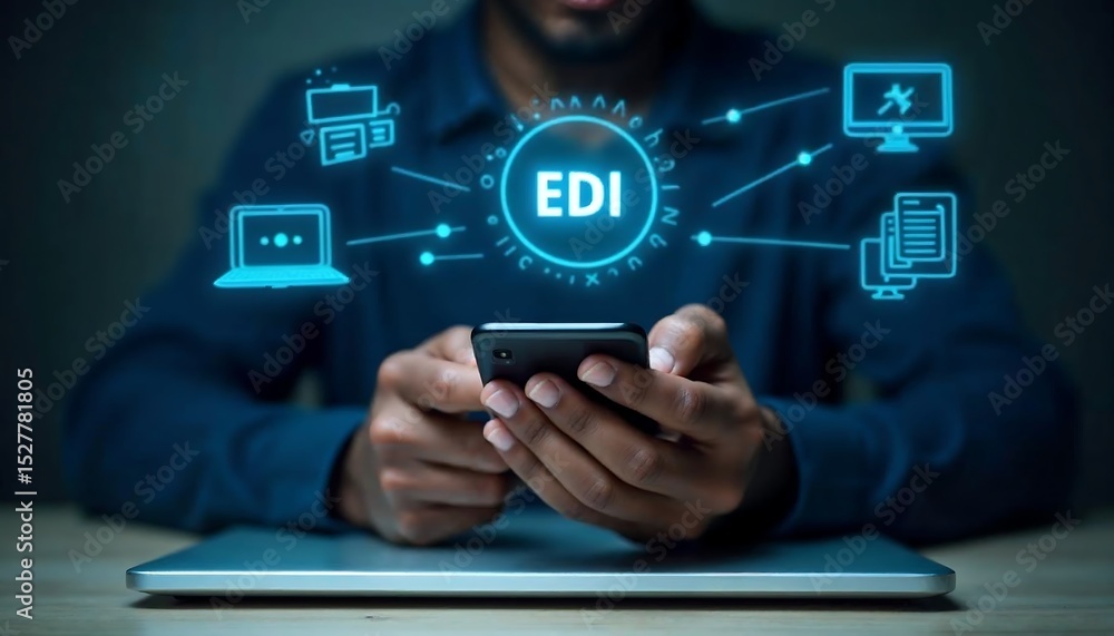 Poster person using smartphone with glowing e d i data network icons laptop dark background mobile