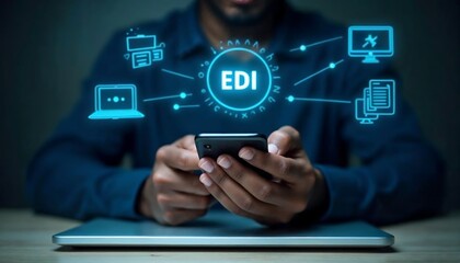 Person using smartphone with glowing E D I data network icons laptop dark background mobile