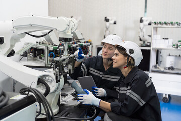 Educational automation robotics. Robotic assembly and invention. Robotics training, setup, installation AI robot and learning. Engineer control, training education robots in workshop