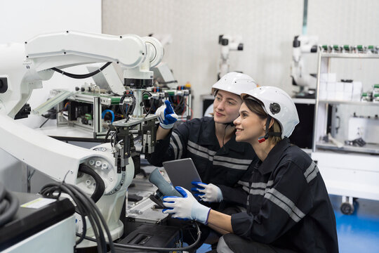 Educational automation robotics. Robotic assembly and invention. Robotics training, setup, installation AI robot and learning. Engineer control, training education robots in workshop