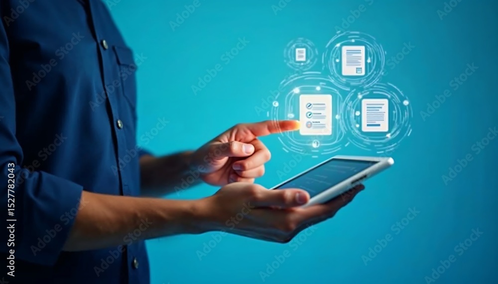 Poster person using tablet interacting with digital documents checklist icons floating above device teal ba