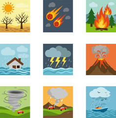 Nine illustration of natural disaster include meteor, volcano, fire forest, flood, and many more