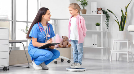 Female pediatrician with little girl measuring weight in clinic