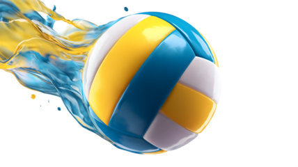 Dynamic volleyball ball illustration with vibrant liquid splash featuring blue yellow and white colors representing sports and fitness isolated on white transparent background