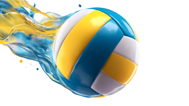 Dynamic volleyball ball illustration with vibrant liquid splash featuring blue yellow and white colors representing sports and fitness isolated on white transparent background