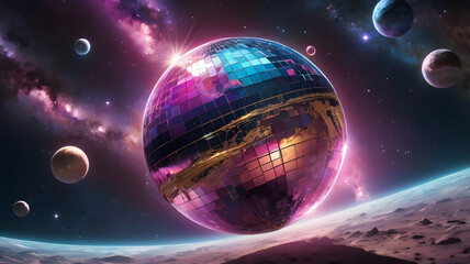 Surreal Space Scene Featuring a Floating Disco Ball and Planets