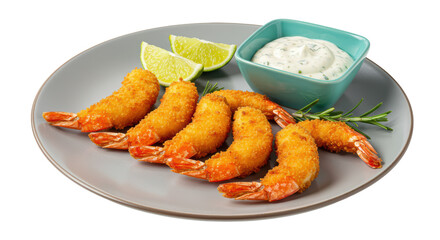 Isolated Fried Shrimp with Lime and Dip