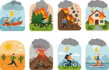 Fototapeta premium Vector illustration of eight types of natural disasters and human survival in the midst of disaster