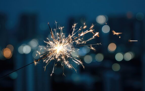 Sparkling sparkler at night, city lights out of focus
