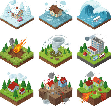 Vector illustration of eight types of natural disasters in isometric style