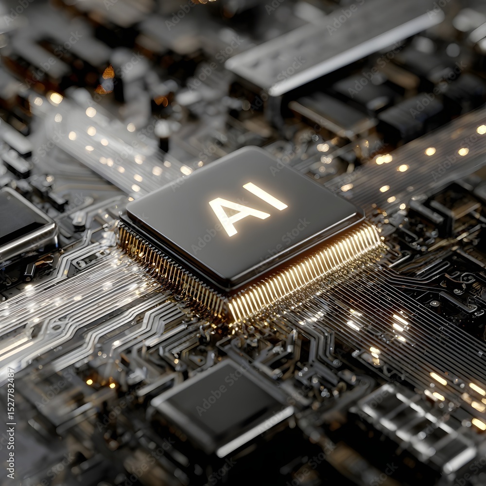 Aufkleber close-up view of a modern ai microchip on a circuit board, showcasing intricate technology details