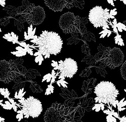 Black and white chrysanthemum flowers drawn by hand. Blow up floral vector seamless pattern by ink freehand style for wallpaper, bedding, textile, fabric, poster, package. Vector seamless pattern.