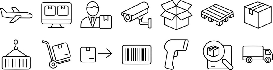 Logistics and Delivery Stroke Icon Set. Featuring Shipping, Package, Barcode and Truck Symbols. Editable Outline Icons Collection.