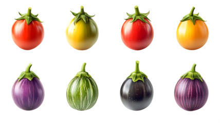 Assortment of colorful fresh tomatoes and eggplants presented in a creative and artistic arrangement isolated on white transparent background