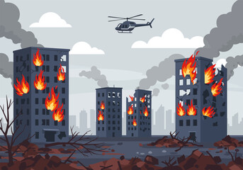 Vector illustration of several destroyed buildings and fires due to warfare