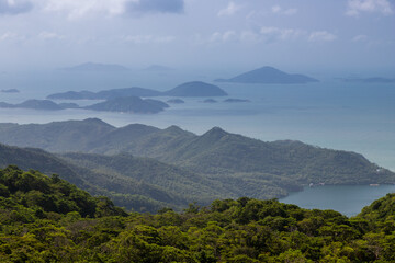Lantau Island, Hong Kong, 10-20-2024 Views over Lantau Island seen from the cable car which connects downtown Tung Chung and Ngong Ping with the statue of the biggest buddha and the Po Lin Monastery