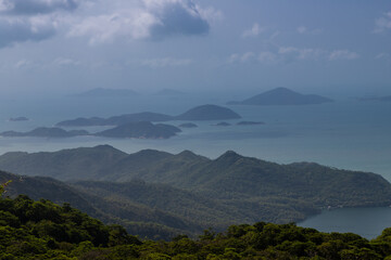 Lantau Island, Hong Kong, 10-20-2024 Views over Lantau Island seen from the cable car which connects downtown Tung Chung and Ngong Ping with the statue of the biggest buddha and the Po Lin Monastery