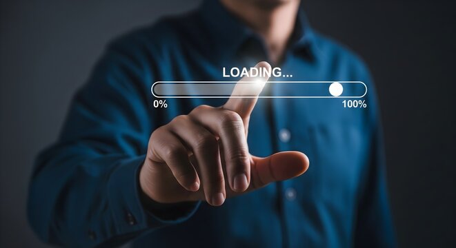 Person interacting with a futuristic loading progress bar interface, depicting data processing or software installation. Digital loading bar progress from 0 to 100 percent, information download, 
