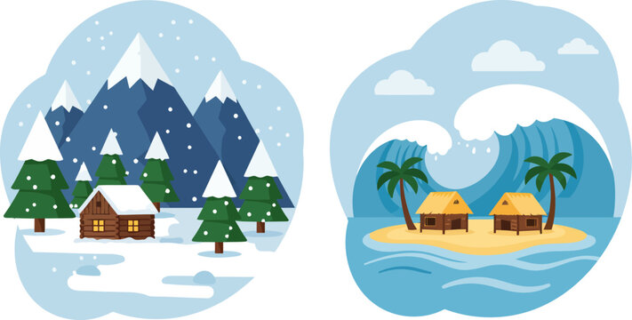 Two natural disaster beetwen snowstorm and tsunami, flat vector design illustration