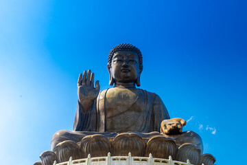 Lantau Island, Hong Kong 10-20-2024 The amazing bronze statue of Tian Tan Buddha or Big Buddha in the village of Ngong Ping, which is one of Hong Kong most popular tourist attractions at Lantau Island