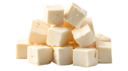 Freshly cut cubes of paneer cheese piled on a white background ready to be enjoyed isolated on white transparent background