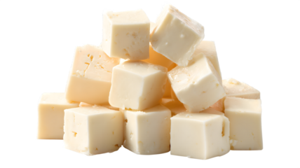 Freshly cut cubes of paneer cheese piled on a white background ready to be enjoyed isolated on white transparent background