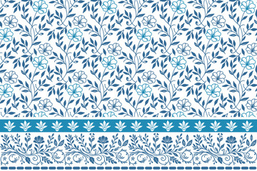 seamless botanical sketch floral modern.pillow cover minimalism elegant hand drawn.one-line blue floral clean fashion.border embroidery outline white background texture.textile floral elements

