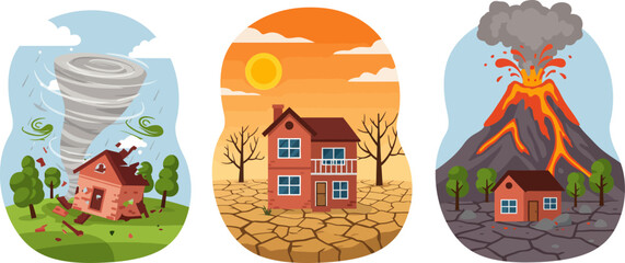Vector illustrations three types of natural disasters tornado, drought, and volcanic eruption