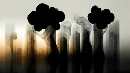 Abstract cityscape with black smoke and silhouettes of people - Powered by Adobe