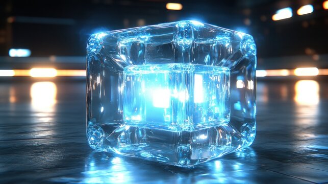 Transparent cube, glowing blue light - Powered by Adobe