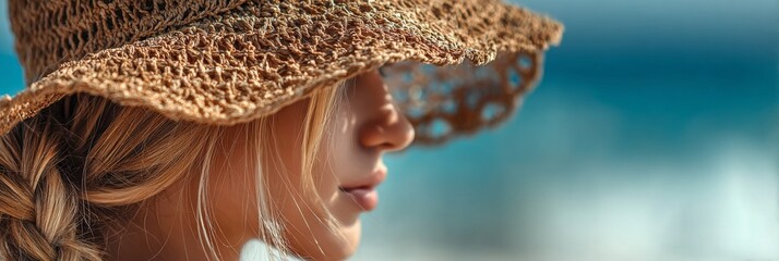 Joyful Woman in Woven Straw Sunhat Enjoying a Serene Summer Day Under Bright Blue Skies Outdoors
