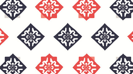 A dynamic repeating pattern of diamond-shaped motifs, alternating between red and dark blue, each containing a stylized floral design, on a light background.