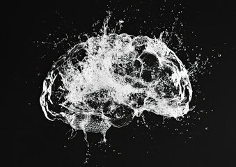 A digital brain made of water splashes, on a black background