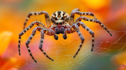 Close-up of a striped spider on its web against a vibrant orange background