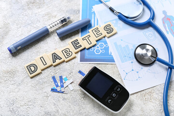 Word DIABETES with medical supplies on grunge background