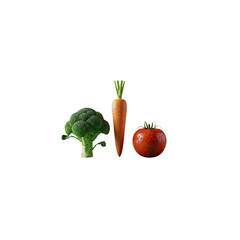 A collection of fresh vegetables: a head of broccoli, a whole carrot, and a ripe red tomato.