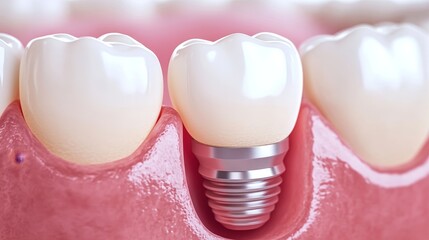 Close-Up of Dental Implant Fixture Surrounded by Teeth, Highlighting Abutment and Gumline Detail