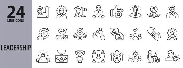 Leadership line icons set with Leader, Success, Management, Motivation, Growth, Goal and more. Editable Stroke
