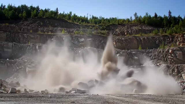 Dramatic quarry explosion with expanding dust cloud and debris in motion