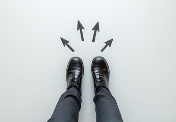 A businessman stands on several arrows fanning out in different directions, capturing the moment of choice and the challenge of making decisions.