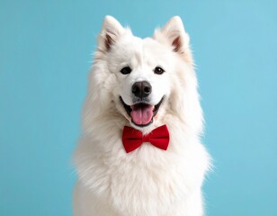 蝶ネクタイをつけた笑顔のサモエド　ブルー背景