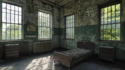Abandoned hospital room bathed in sunlight.  Faded paint, peeling walls, and an aged metal bed frame occupy the space. Sunlight streams through large windows