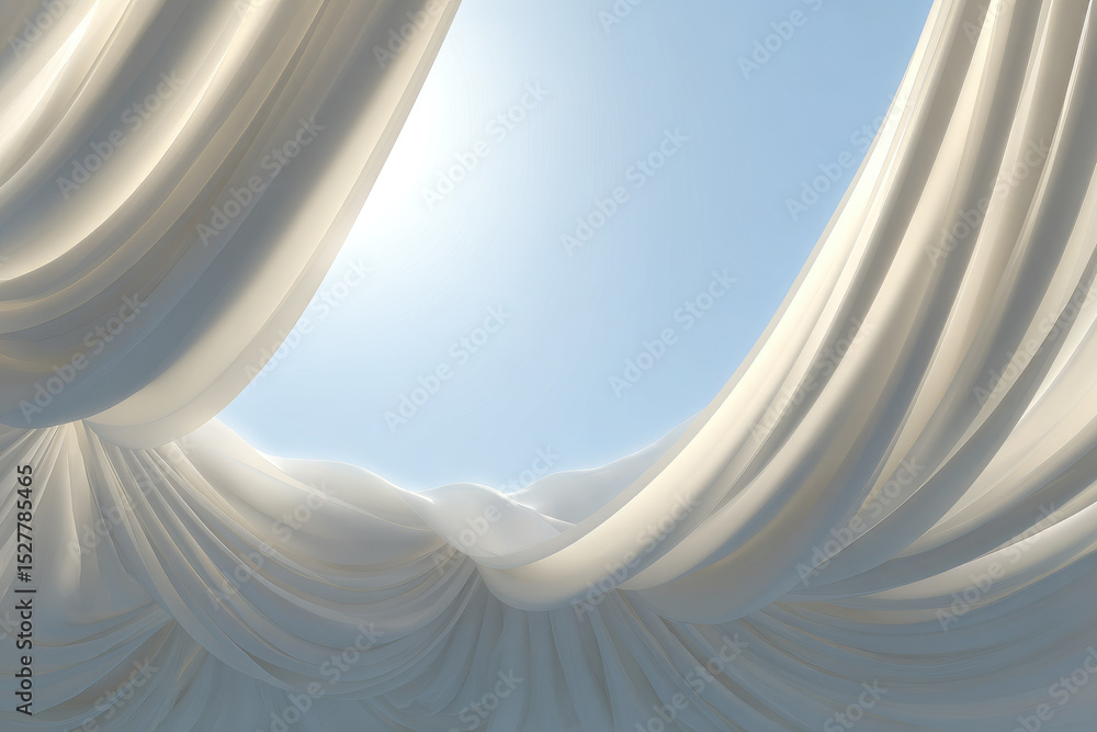 Poster soft light filters through flowing white fabric against clear blue sky, creating ethereal and serene