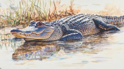 A majestic alligator basks in the marsh