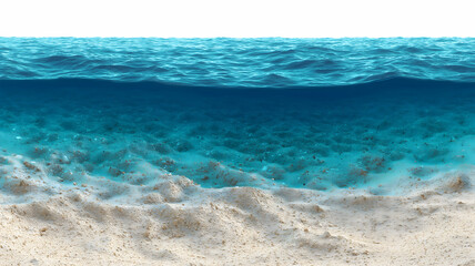 Obraz premium Underwater scene depicting the ocean floor with sandy beach and rippling water surface isolated on white transparent background