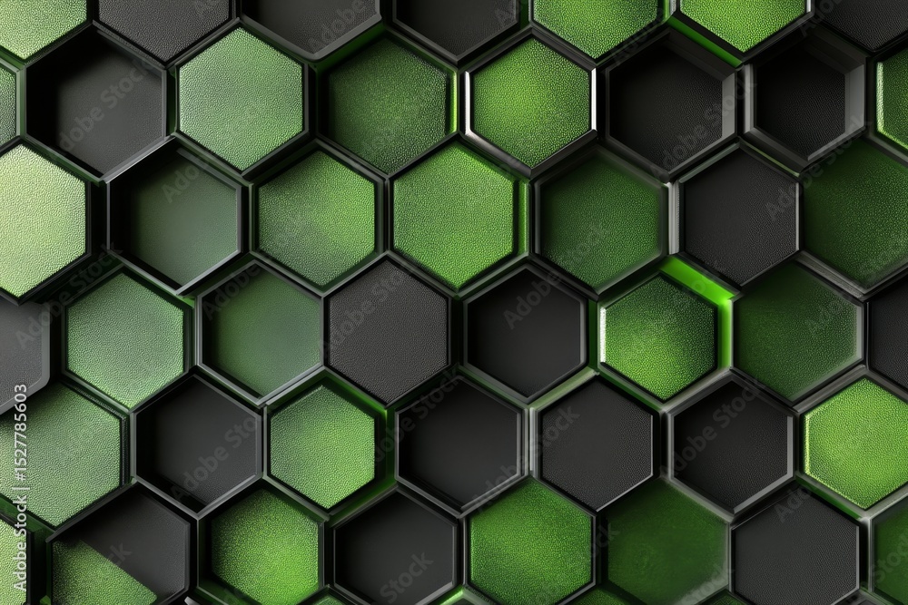 Poster abstract mosaic of green and black hexagonal tiles in a stylish honeycomb pattern design background