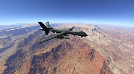 Drone aircraft over a desert canyon.  High-altitude surveillance