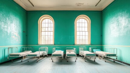 Abandoned hospital ward with teal walls and metal beds