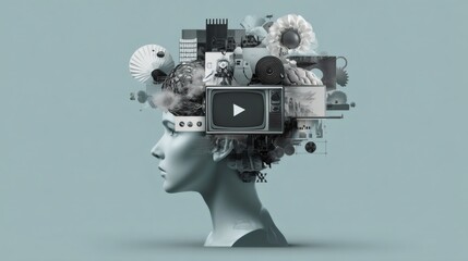 Surreal collage art representing how video influences mind and thoughts, with vintage tv and play symbol